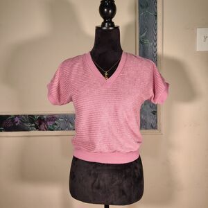 VTG Retro 70s Terry Cloth V Neck Pink Short Sleeve Wmns Top/T118